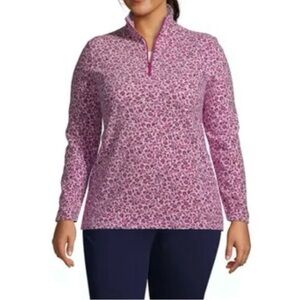 Lands End Womens Pink Leopard Print Quarter Zip Fleece Pullover Size 2X 20W-22W